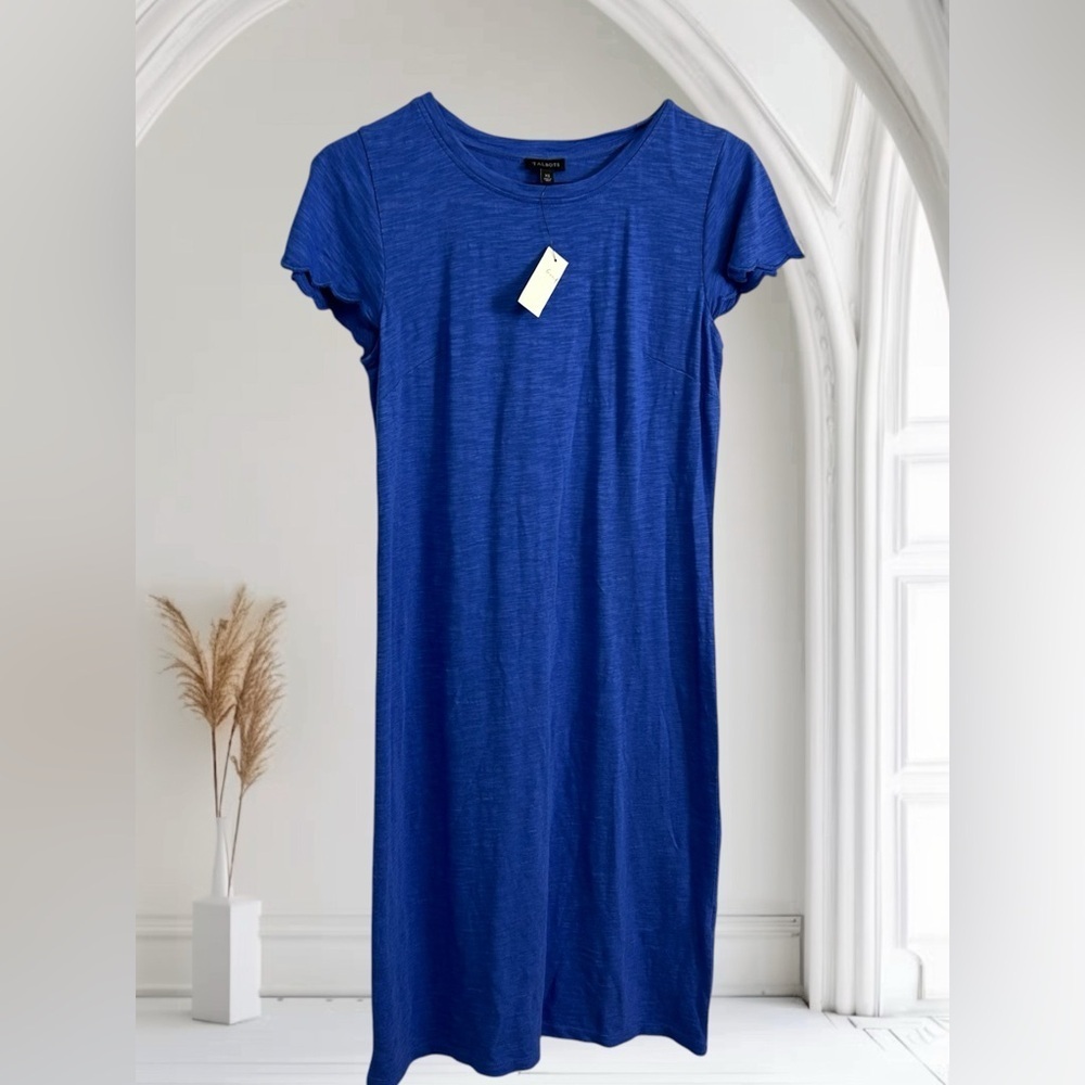 Talbots NEW Deep blue cap sleeve cotton blend midi t shirt dress size XS